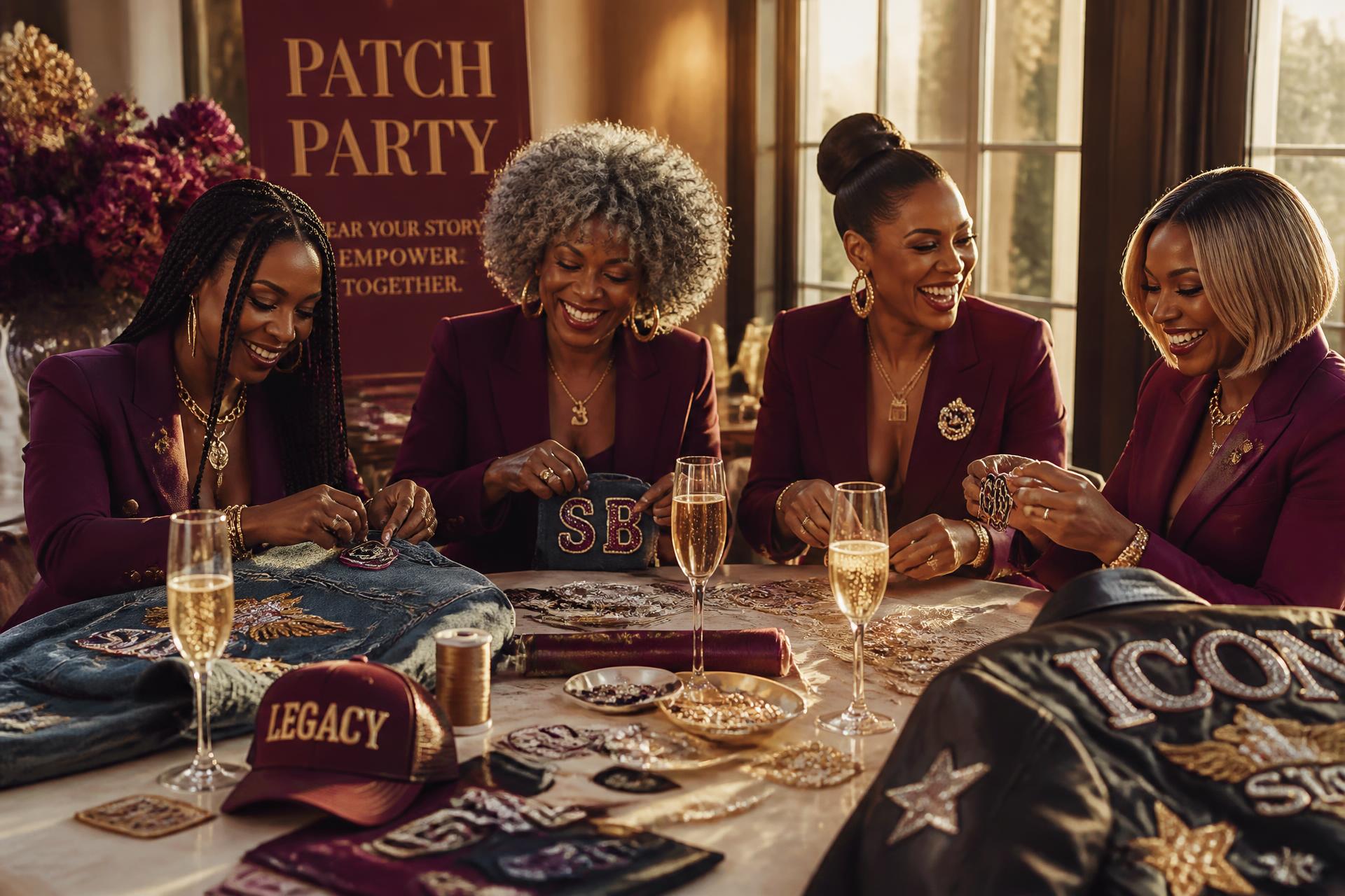 Four friends creating personalized patched pieces at an elegant Patch Party